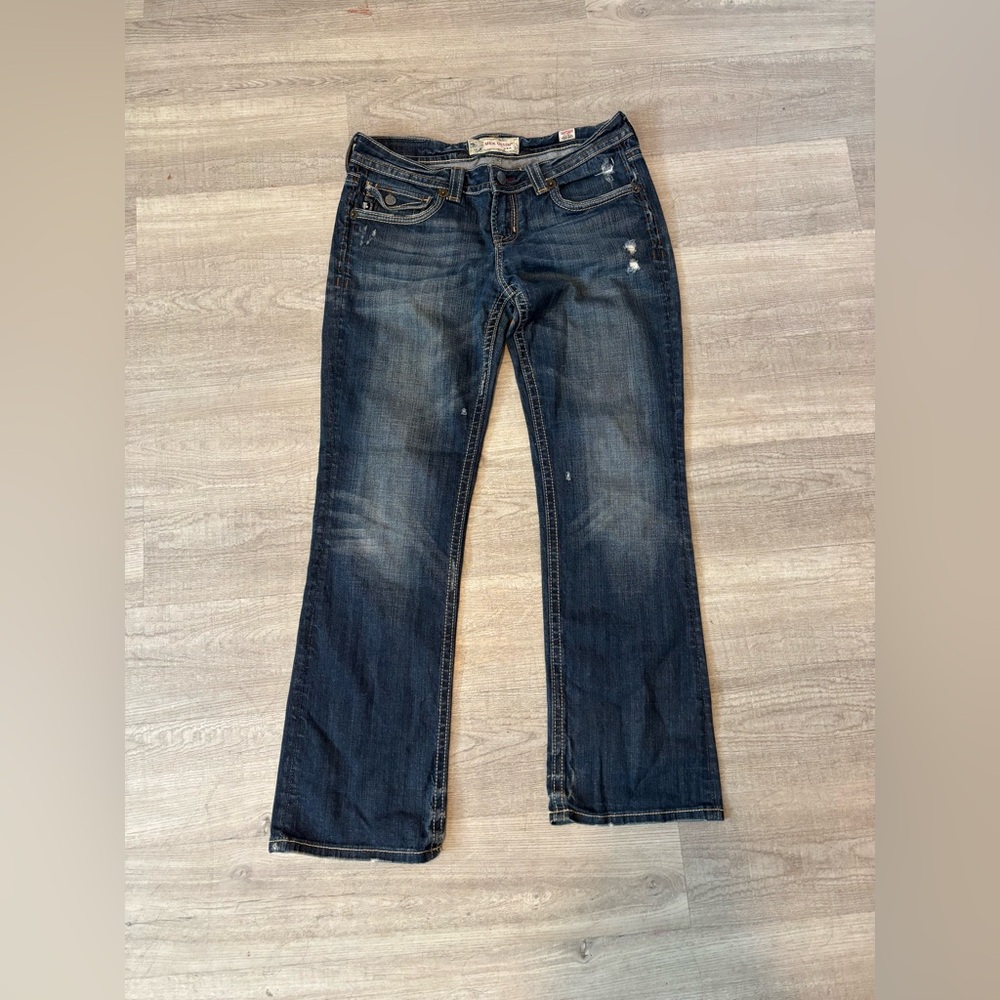 MEK Santiago Straight Jeans Women Sz 32x32 Blue Distressed Western Cowgirl Rodeo